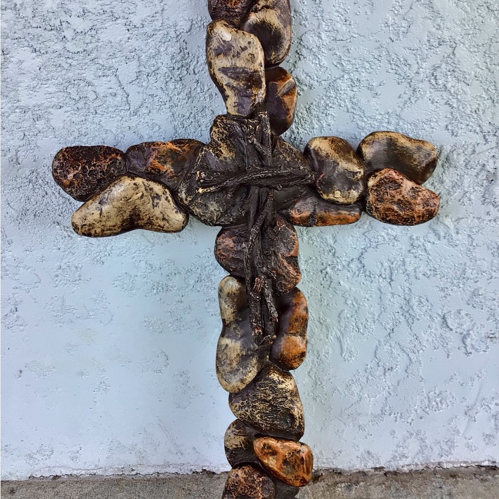 Rustic Stone and Driftwood  Cross Sculpture Art